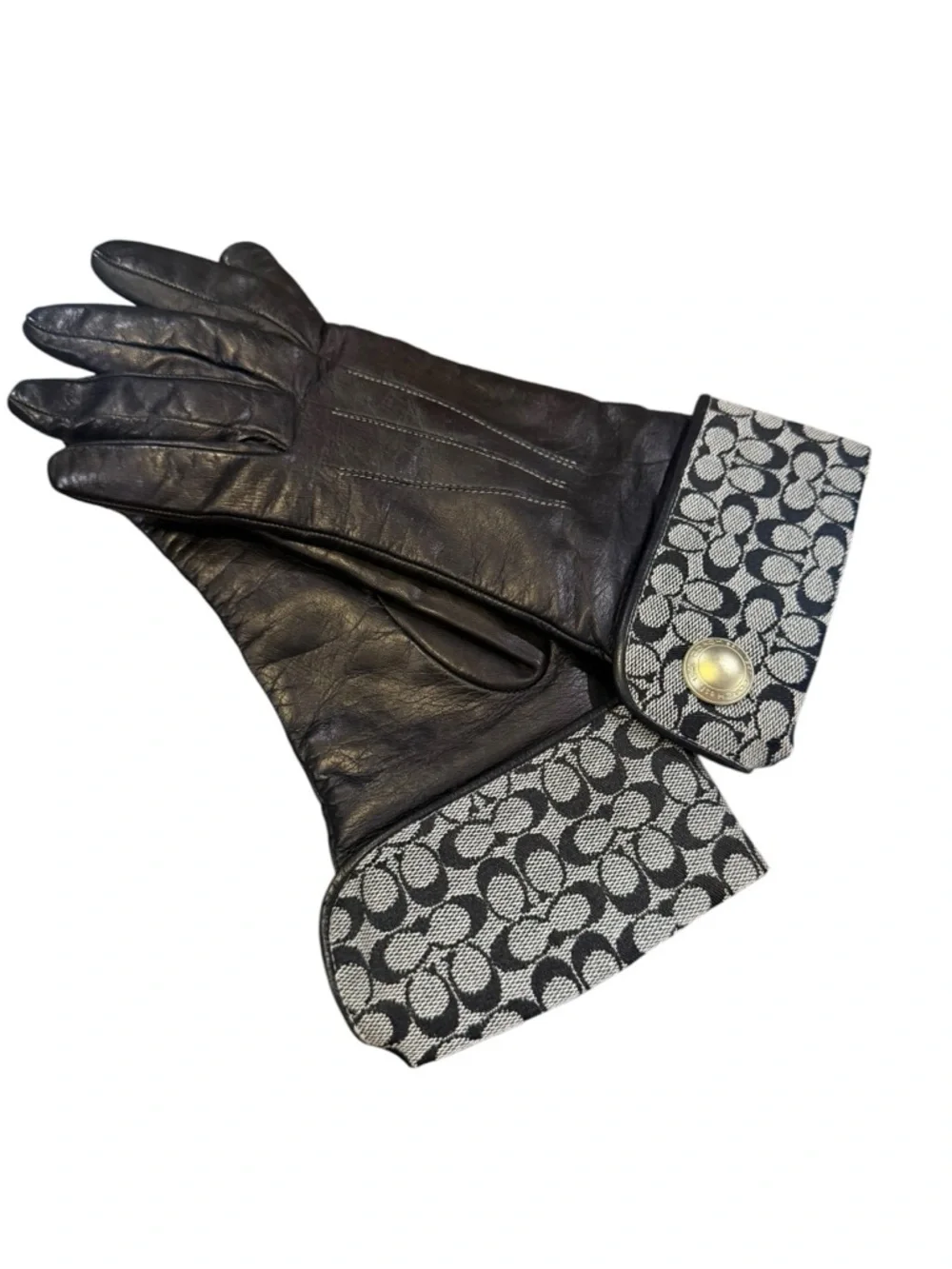 Coach Black Leather Gloves Signature Cuff Cashmere Lined Size 8